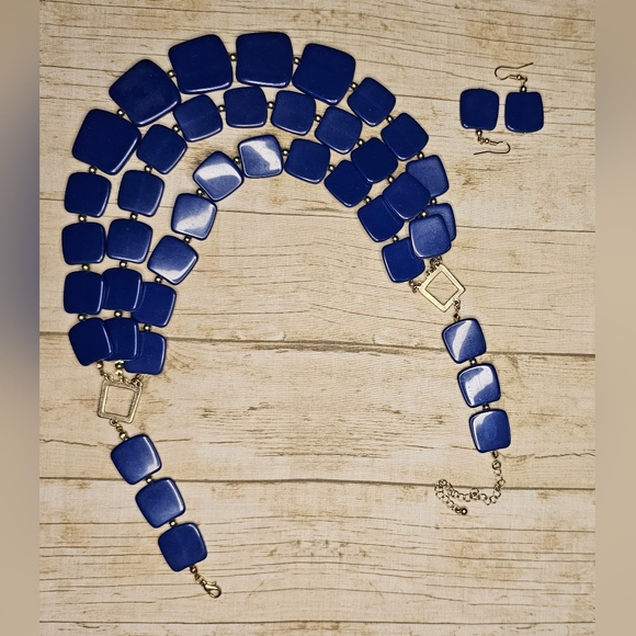 《Chunky Bib》Blue Acrylic Bead Necklace & Earrings Set ☆☆Multi Layered ○■ Go… - Picture 7 of 8